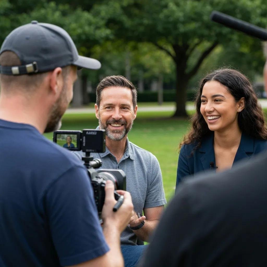 Content creator filming a customer testimonial outdoors