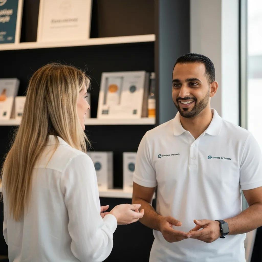 Customer engaging with a brand representative, illustrating consistent brand experience