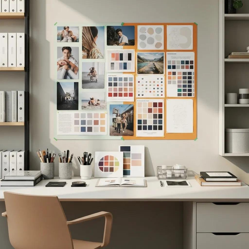 Designer workspace and mood board showing photography and video style