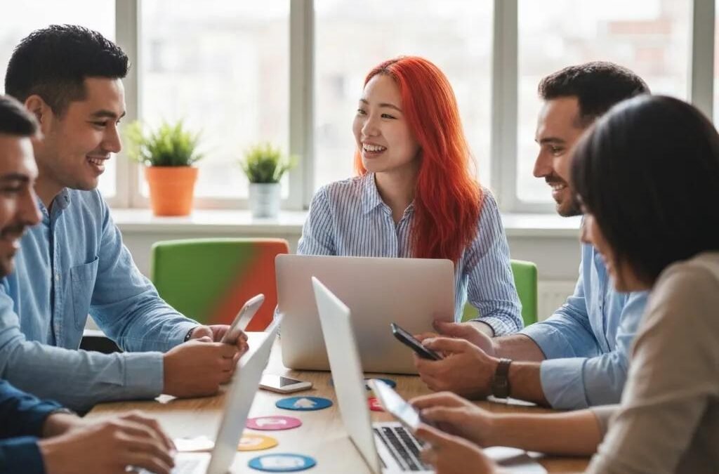 Diverse group of Florida business owners collaborating on social media strategy in a bright office, with laptops and smartphones on the table.