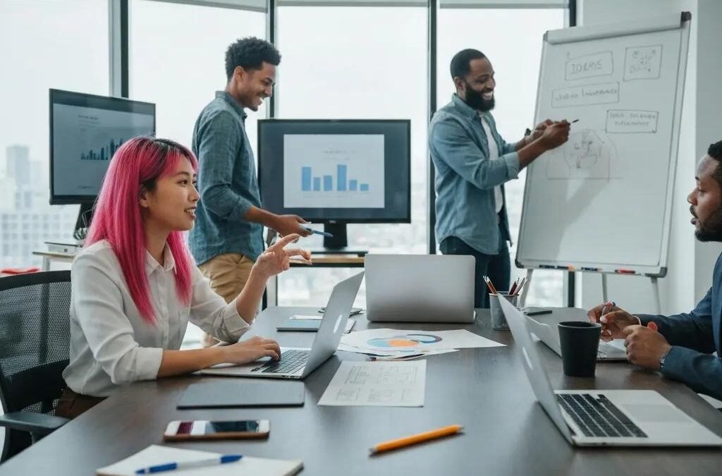 Diverse professionals collaborating on engaging content strategies in a modern office setting