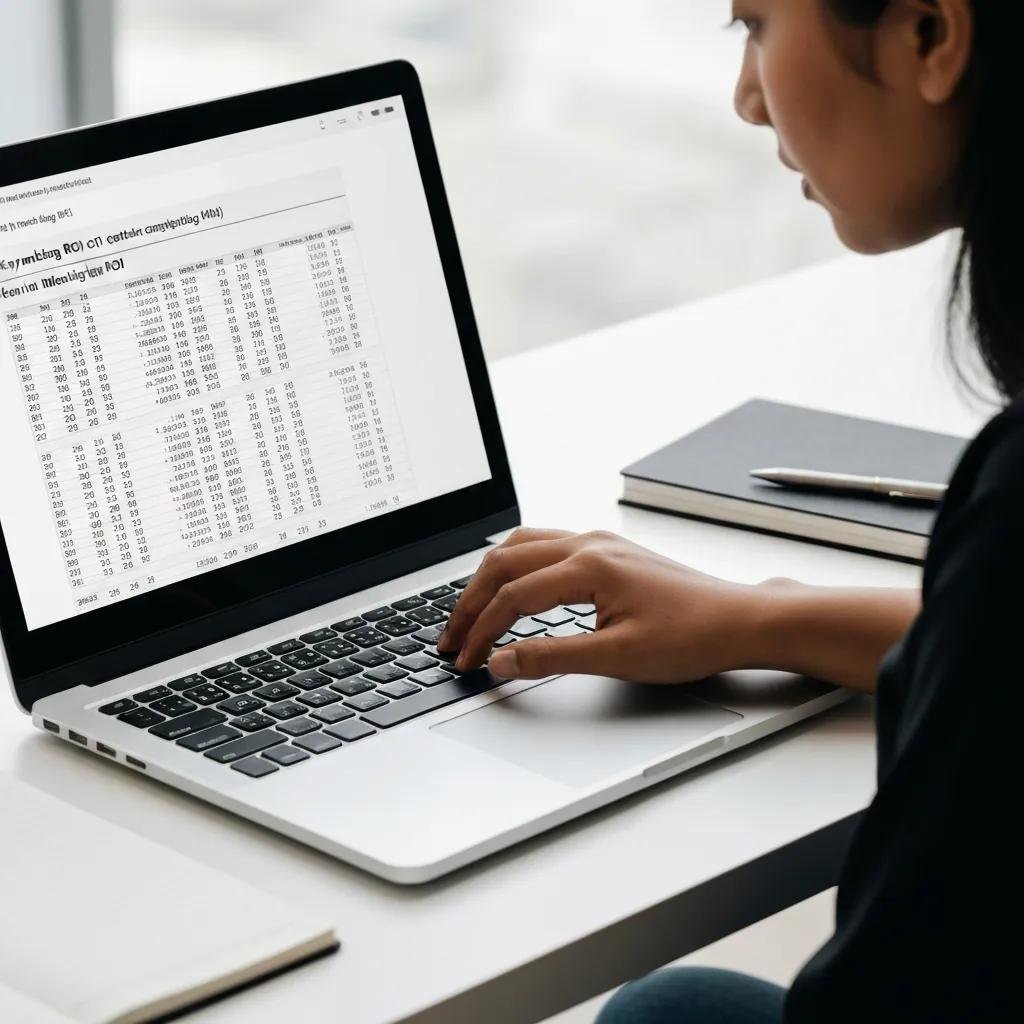 Person calculating marketing ROI on a laptop with a notepad