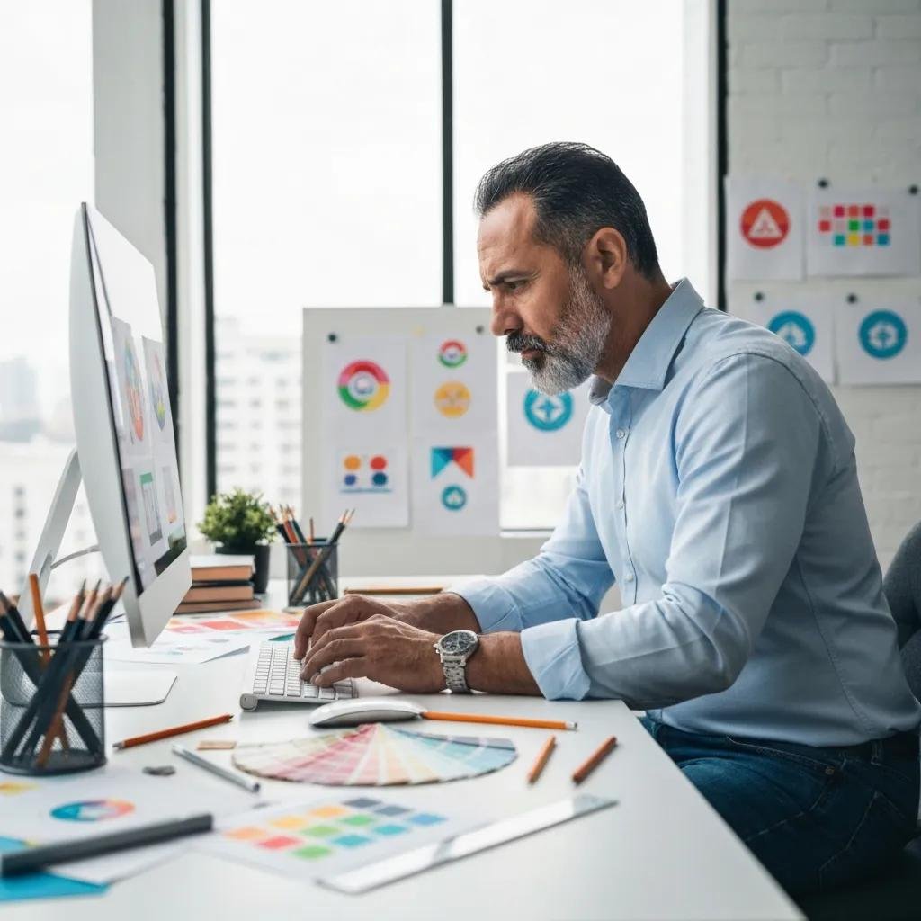 Designer working on a logo and brand guide in a bright studio