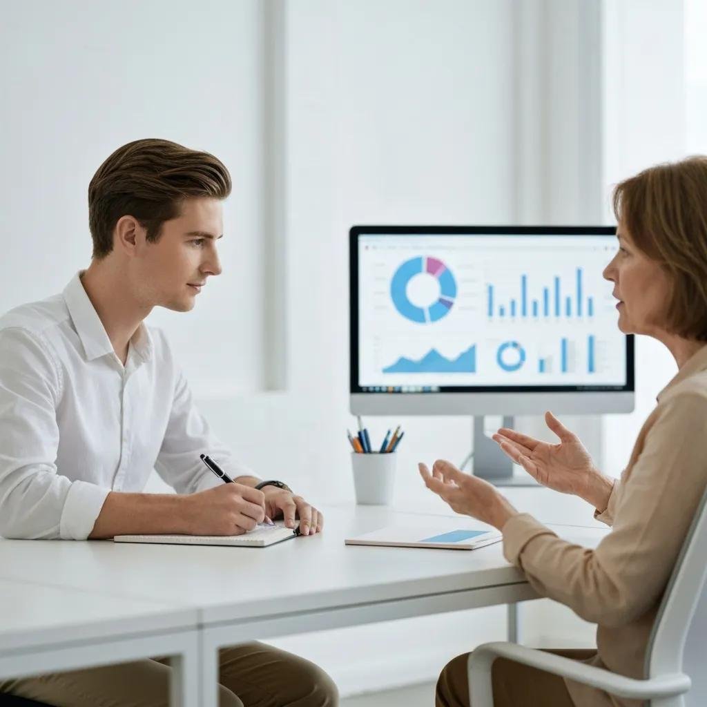 Researcher interviewing participants for audience analysis in a modern office