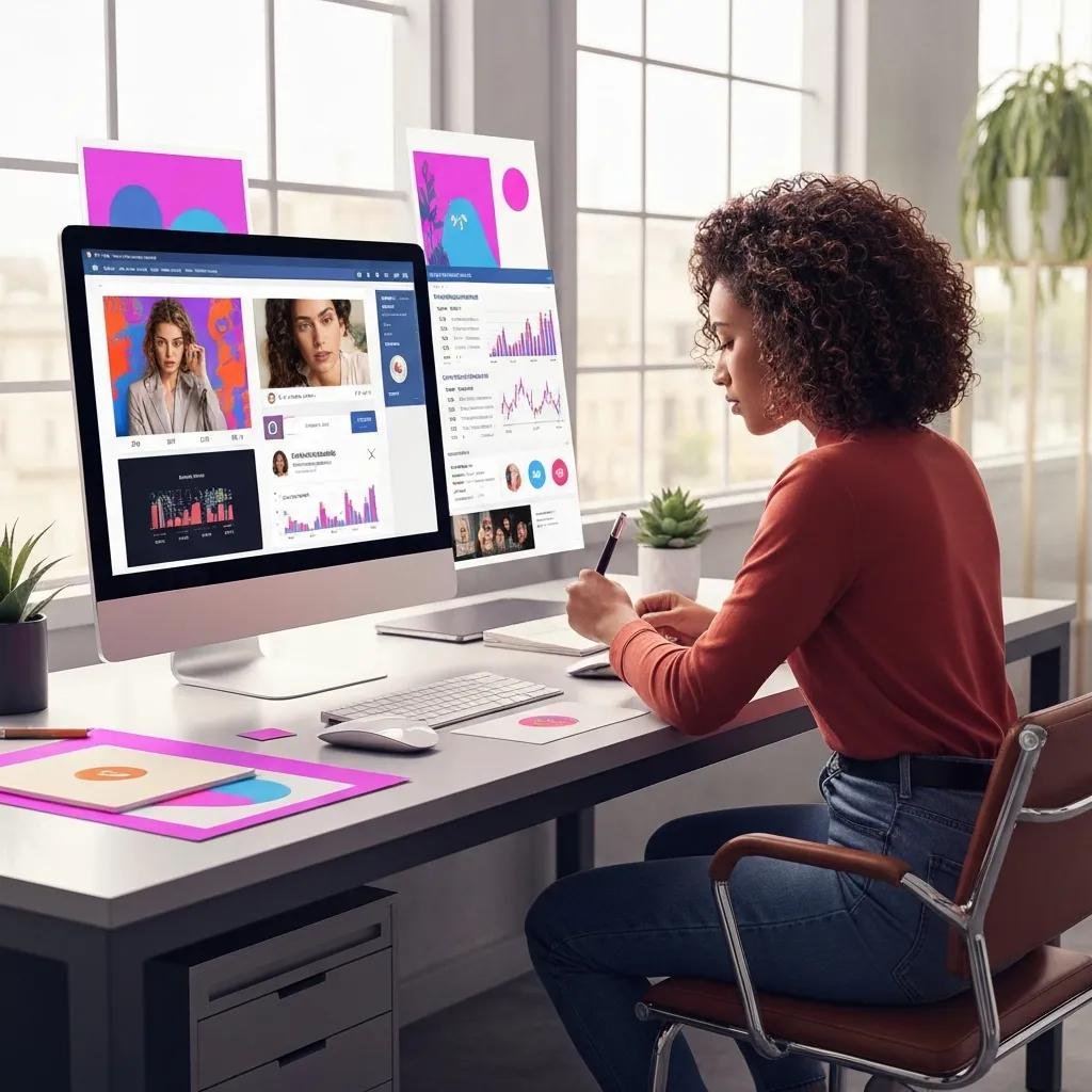 Social media manager designing Facebook and Instagram ads in a modern workspace