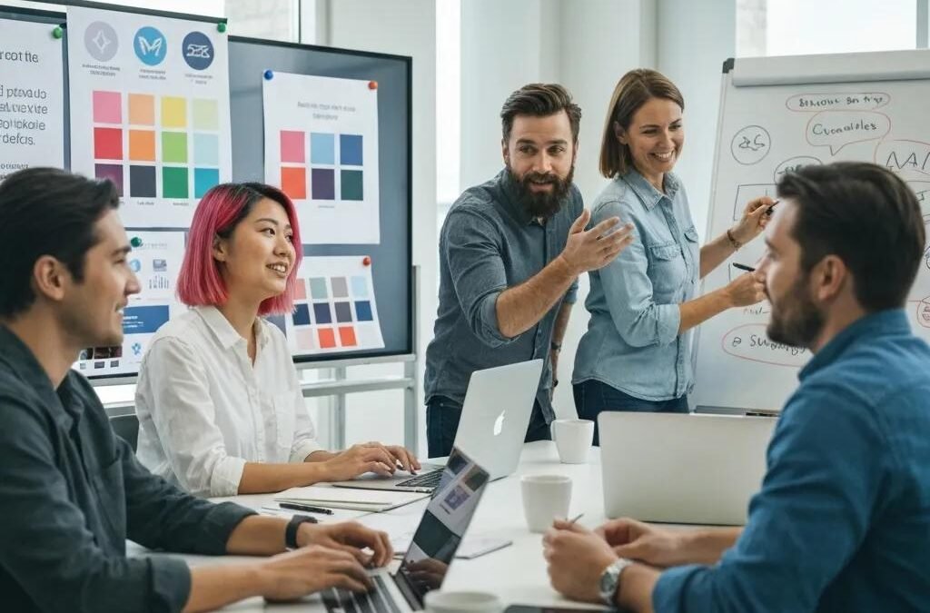 Team collaborating on brand strategy with logos and color palettes