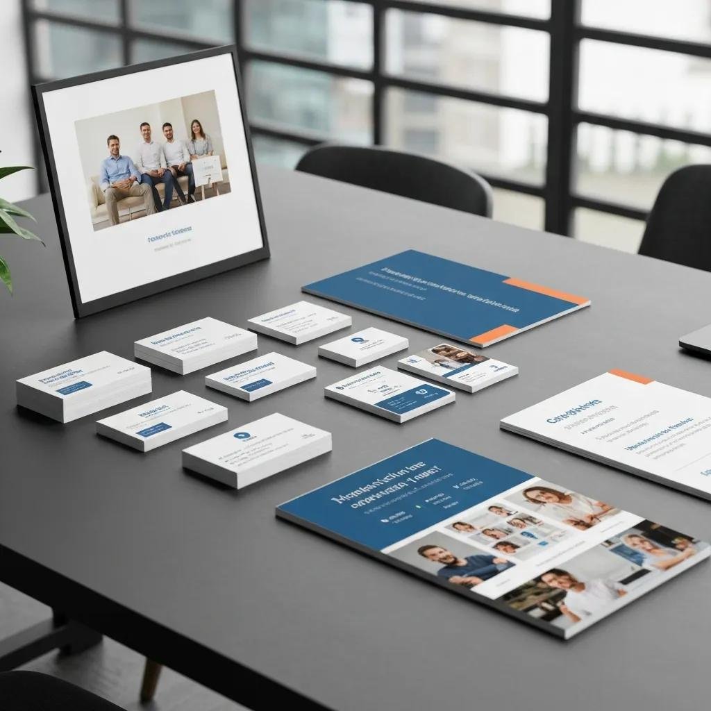 Assortment of business cards, brochures and social media visuals laid out together