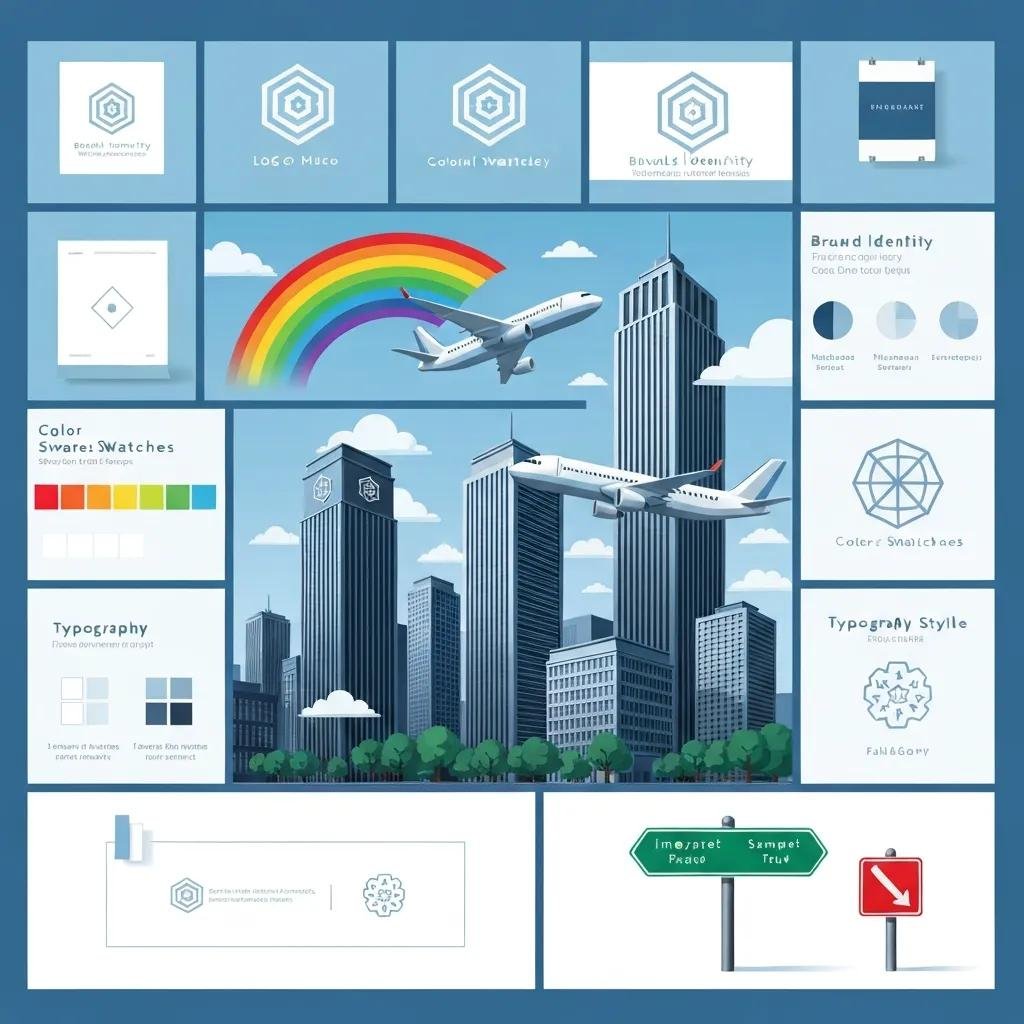 Samples of logo variations, color swatches, and typography samples for a brand system