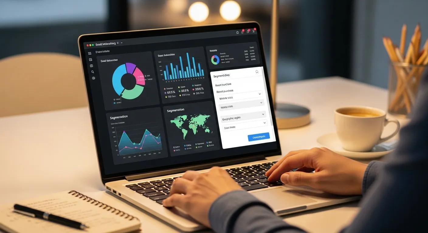 Person building and segmenting an email list using a laptop with digital data visuals