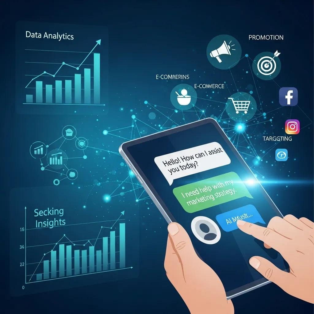 Illustration of a chatbot interacting with a user to show AI-driven marketing