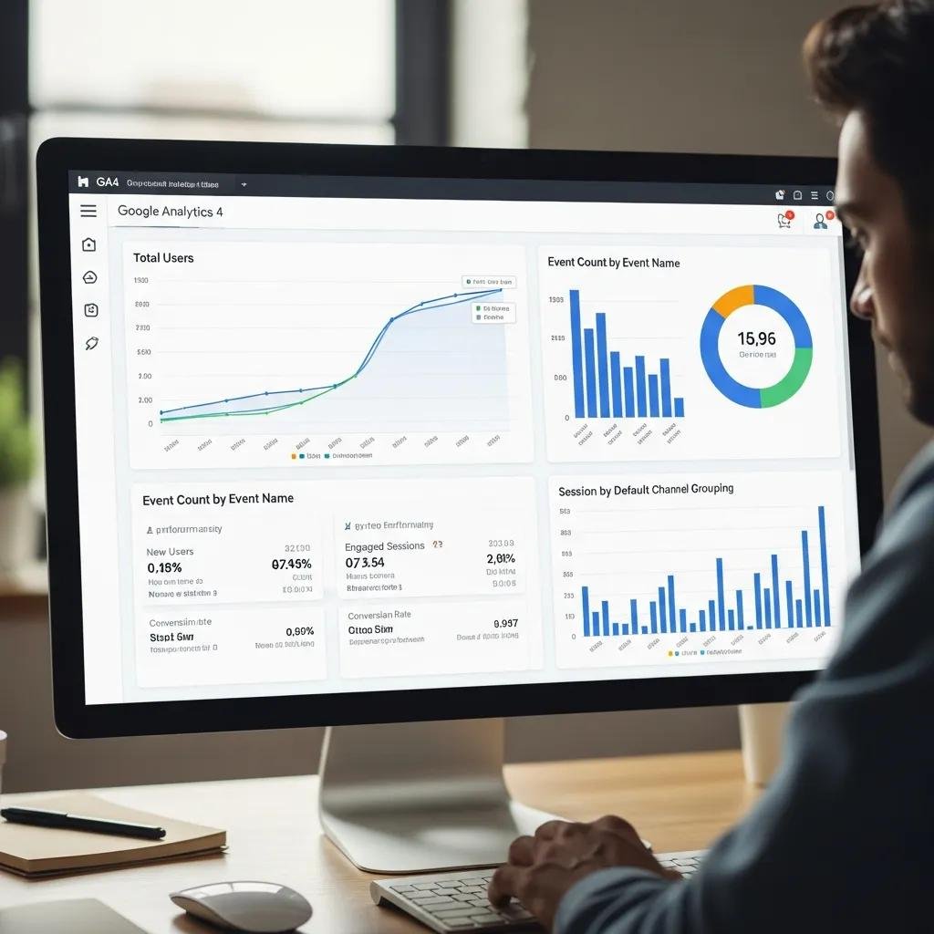 Close-up of a Google Analytics 4 dashboard with key metrics on screen