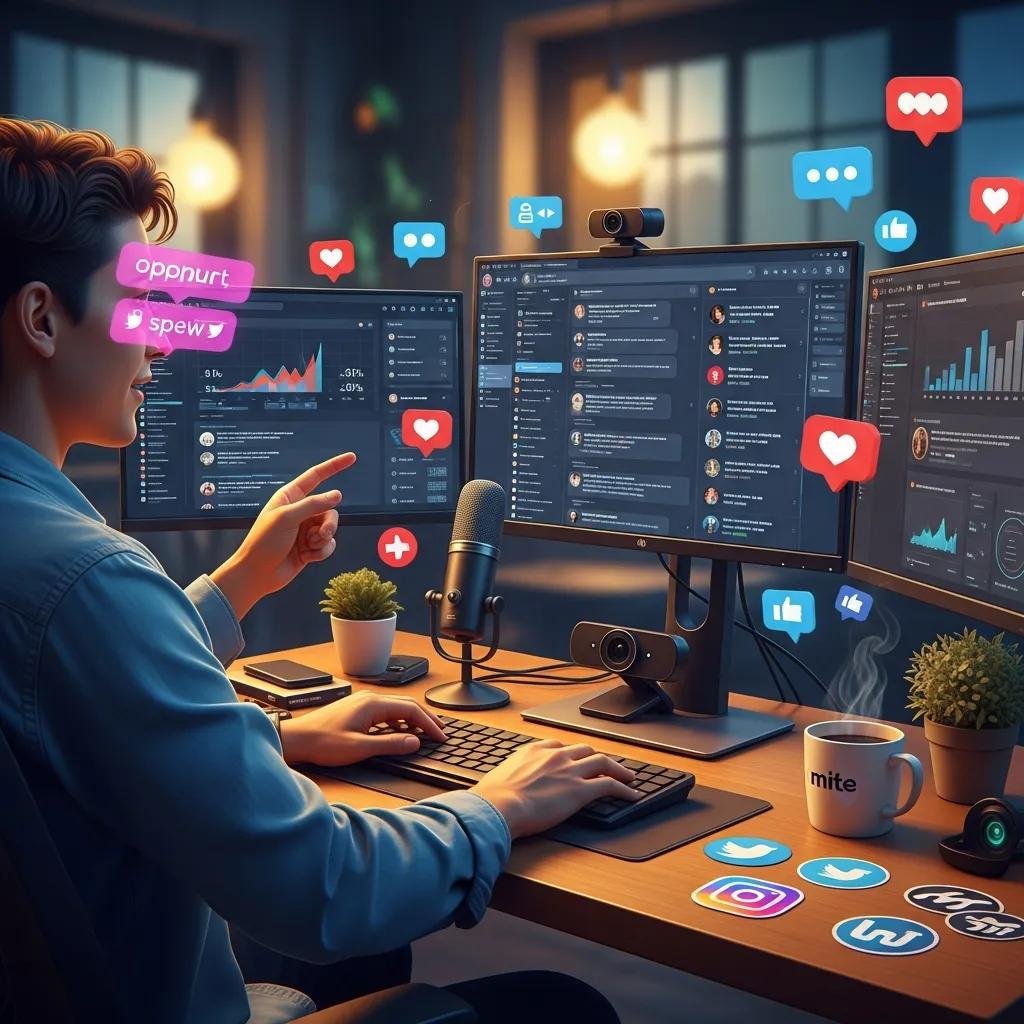 Community manager replying to comments across social platforms at a workstation