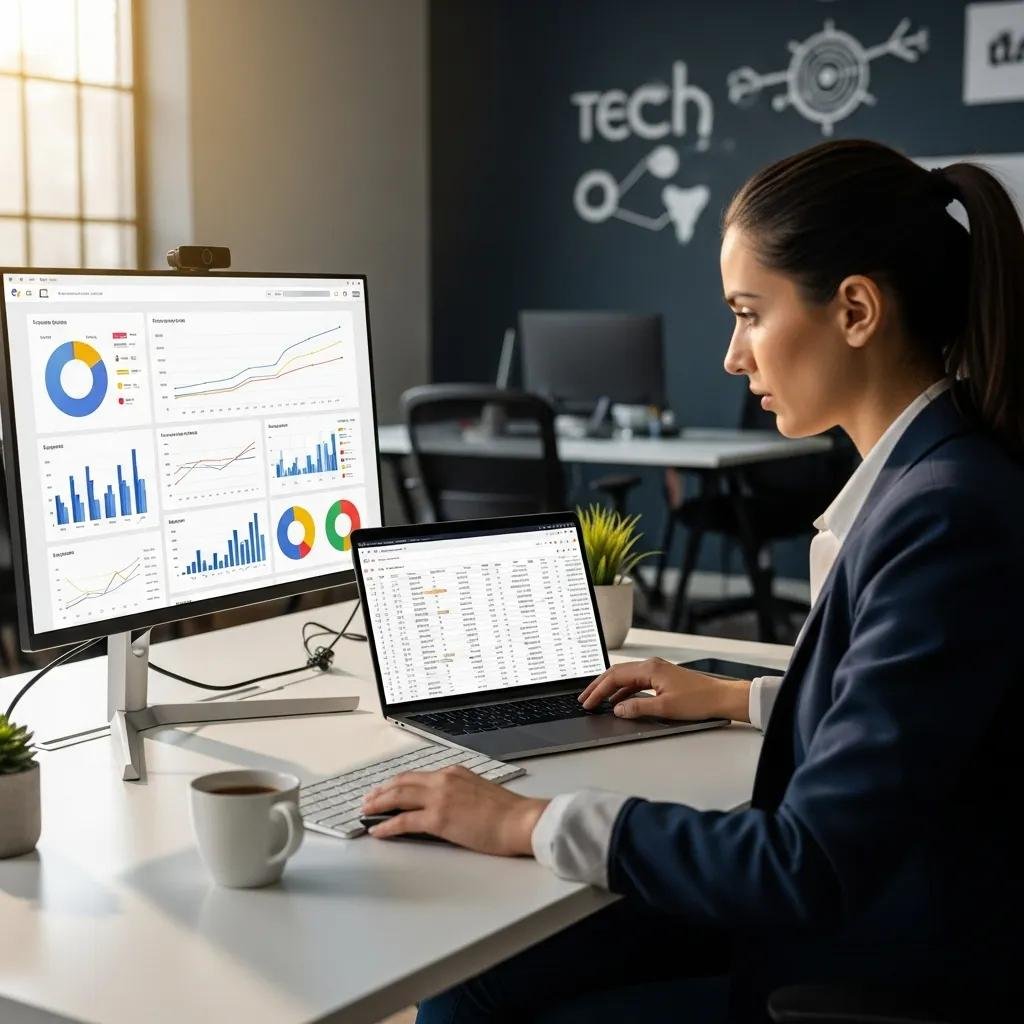 Digital marketing professional analyzing PPC advertising data on dual screens in a modern office, showcasing graphs and performance metrics for optimizing ROI.
