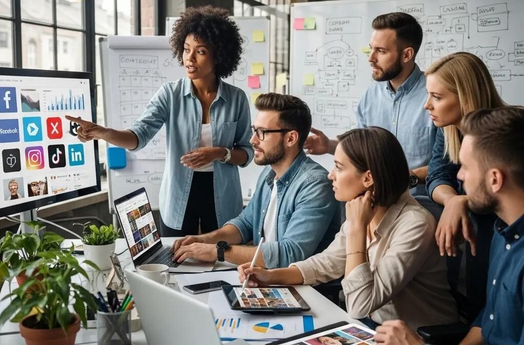Diverse professionals collaborating on social media marketing strategies in a modern workspace, analyzing data and discussing platforms like Facebook and LinkedIn.