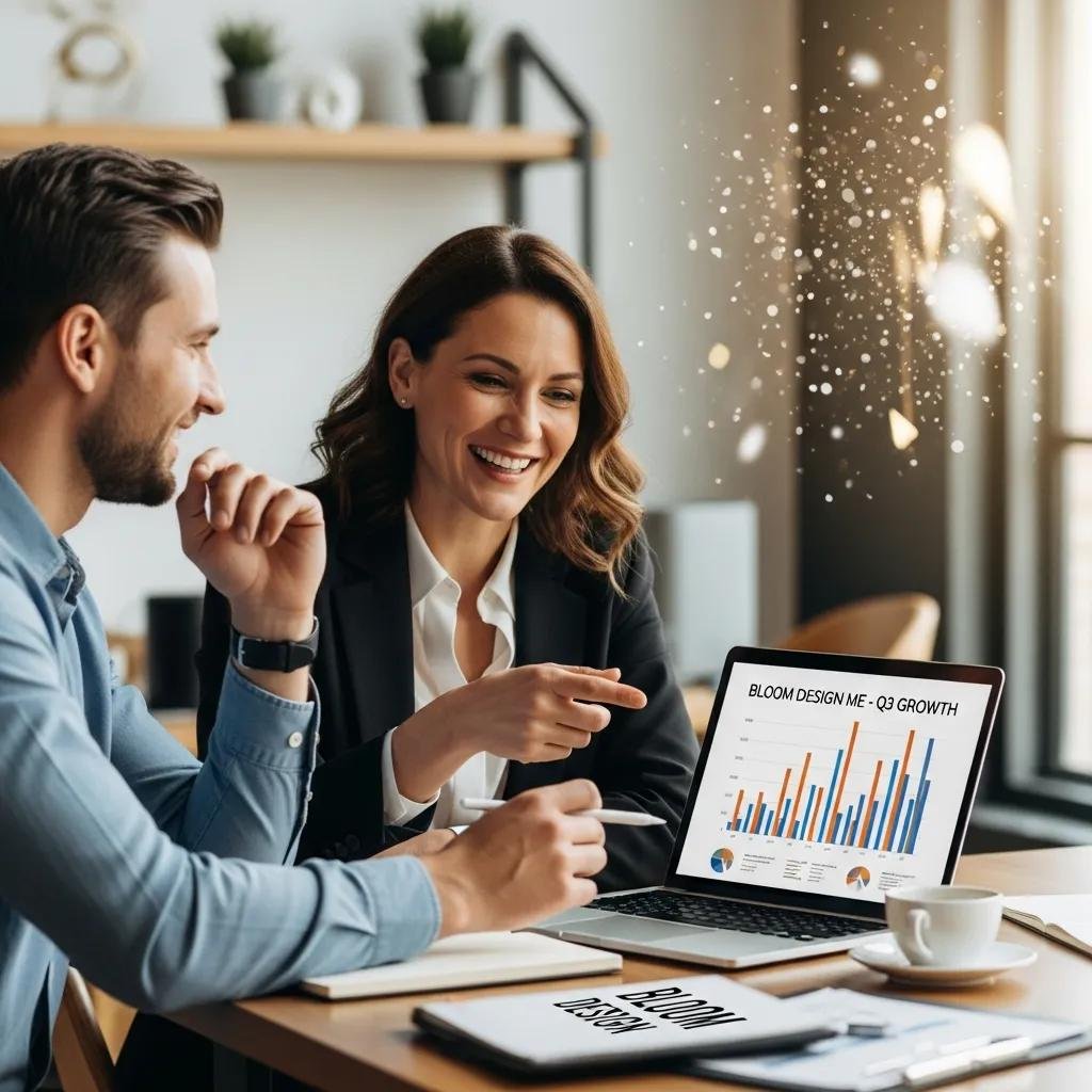 Happy client interacting with a marketing professional, showcasing successful partnership and positive analytics