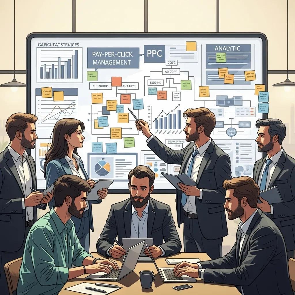Marketing team planning PPC strategy in front of a digital board