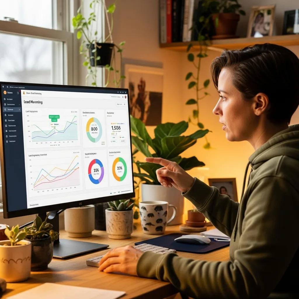 Person interacting with an email marketing dashboard showcasing lead nurturing metrics