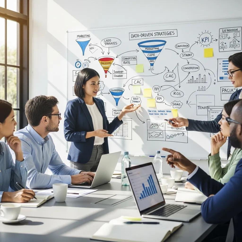 Marketing team reviewing campaign data and discussing next steps