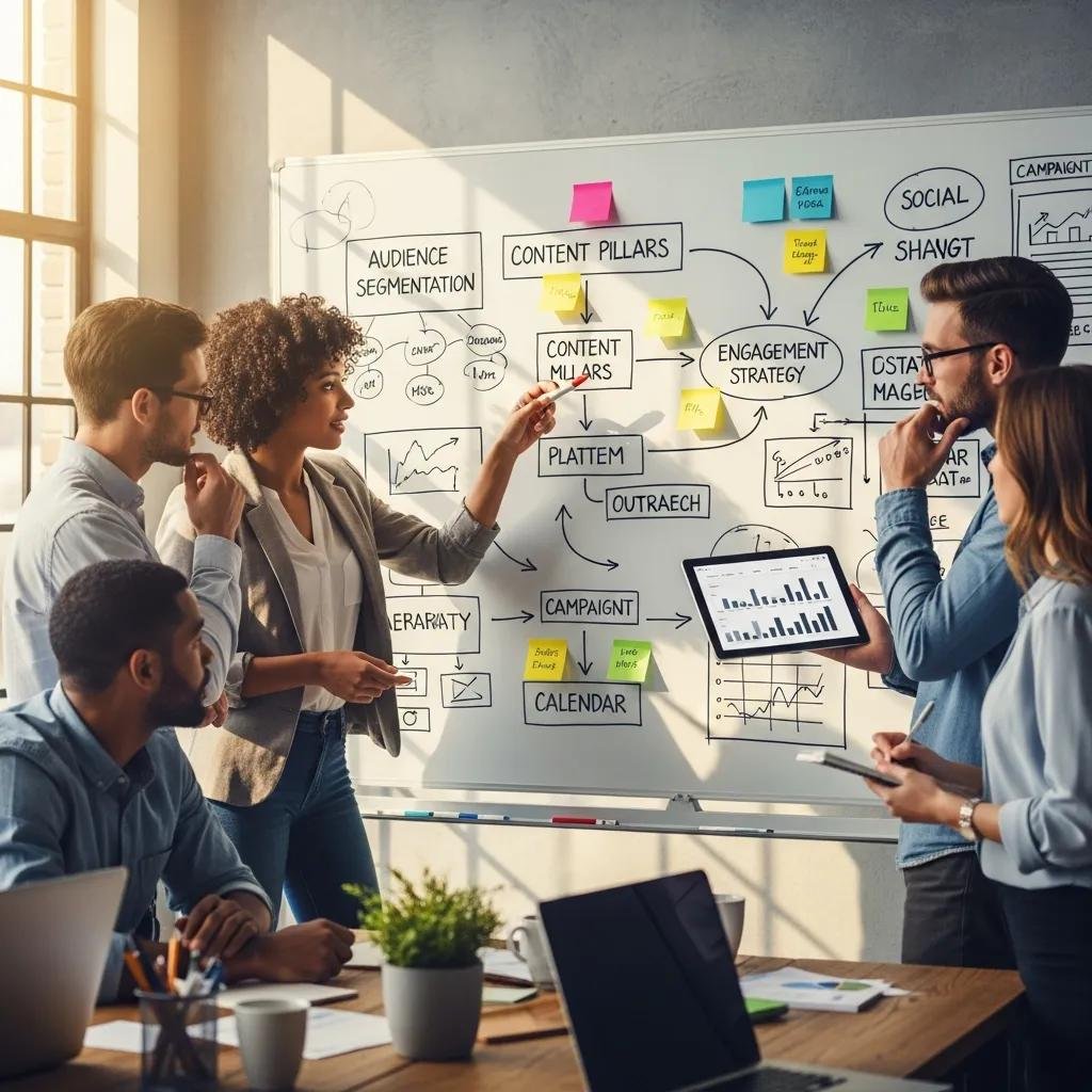 Team strategizing social media marketing with a whiteboard filled with diagrams and notes