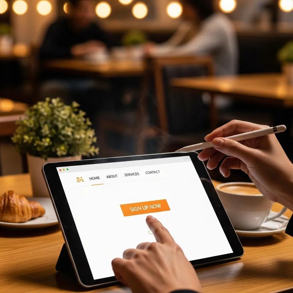 Person using a well-designed website on a tablet in a cafe