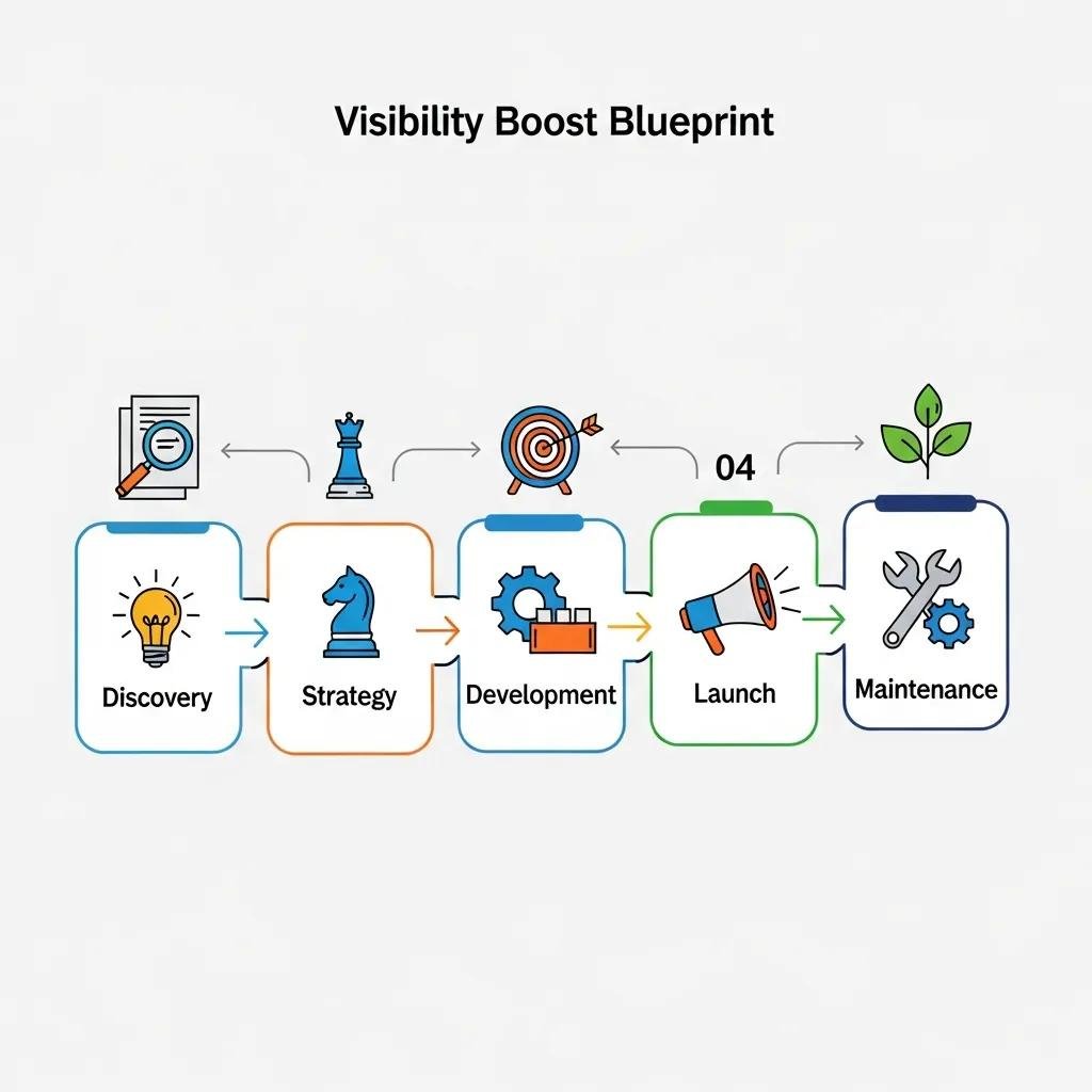 Visual representation of the five-step Visibility Boost Blueprint process for client acquisition