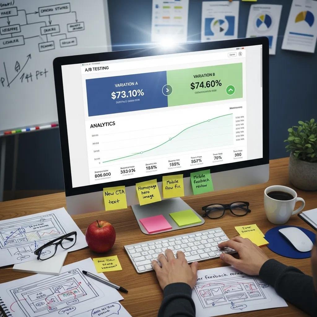 Website optimization process highlighting A/B testing and analytics for conversion rate improvement
